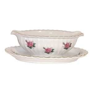Bond Ware Hand Painted Gravy Boat W/Attached Underplate-Roses W/Gold Trim -Japan